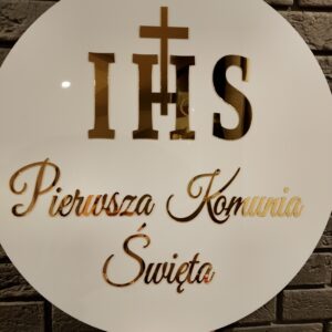 Tablica powitalna komunijna IHS ze złotej pleksi